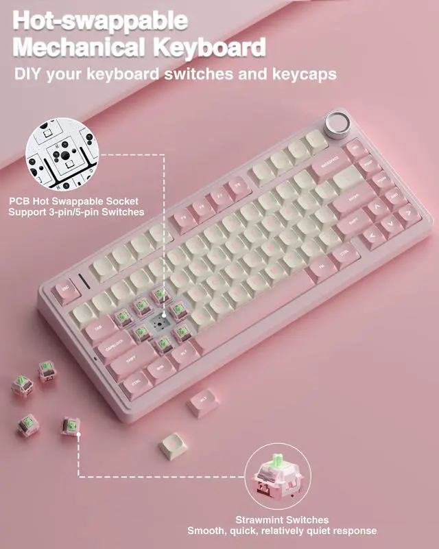 Alt view image 5 of 7 - F75 75% Wireless Mechanical Keyboard, Hot Swappable Pink Creamy Keyboard, Pre-lubed Linear Switches, PBT Keycaps, 2.4GHz/Type-C/BT5.0, RGB Backlit Computer Gaming Keyboards for Office/Laptop/PC