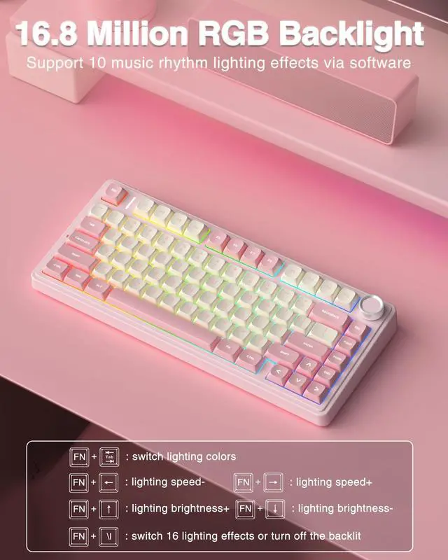 Alt view image 6 of 7 - F75 75% Wireless Mechanical Keyboard, Hot Swappable Pink Creamy Keyboard, Pre-lubed Linear Switches, PBT Keycaps, 2.4GHz/Type-C/BT5.0, RGB Backlit Computer Gaming Keyboards for Office/Laptop/PC