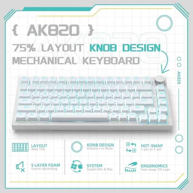 Alt view image 2 of 7 - AK820 Mechanical Gaming Keyboard 75% Wired TKL Hot Swappable-White | Media Knob, Type-C, 5-Layer Noise Absorbing Foam, Gasket Mount, Ice Blue Backlight, PBT Keycaps, NKRO, Blue Switches, Custom