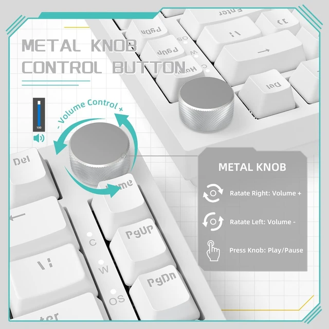 Alt view image 3 of 7 - AK820 Mechanical Gaming Keyboard 75% Wired TKL Hot Swappable-White | Media Knob, Type-C, 5-Layer Noise Absorbing Foam, Gasket Mount, Ice Blue Backlight, PBT Keycaps, NKRO, Blue Switches, Custom