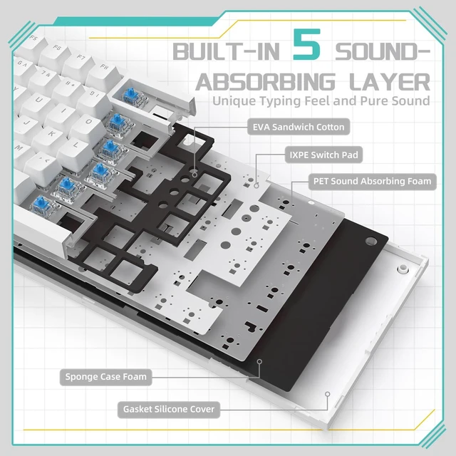 Alt view image 4 of 7 - AK820 Mechanical Gaming Keyboard 75% Wired TKL Hot Swappable-White | Media Knob, Type-C, 5-Layer Noise Absorbing Foam, Gasket Mount, Ice Blue Backlight, PBT Keycaps, NKRO, Blue Switches, Custom