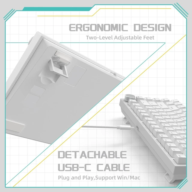 Alt view image 5 of 7 - AK820 Mechanical Gaming Keyboard 75% Wired TKL Hot Swappable-White | Media Knob, Type-C, 5-Layer Noise Absorbing Foam, Gasket Mount, Ice Blue Backlight, PBT Keycaps, NKRO, Blue Switches, Custom