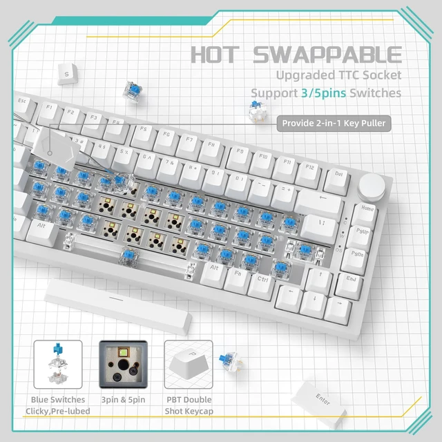Alt view image 6 of 7 - AK820 Mechanical Gaming Keyboard 75% Wired TKL Hot Swappable-White | Media Knob, Type-C, 5-Layer Noise Absorbing Foam, Gasket Mount, Ice Blue Backlight, PBT Keycaps, NKRO, Blue Switches, Custom