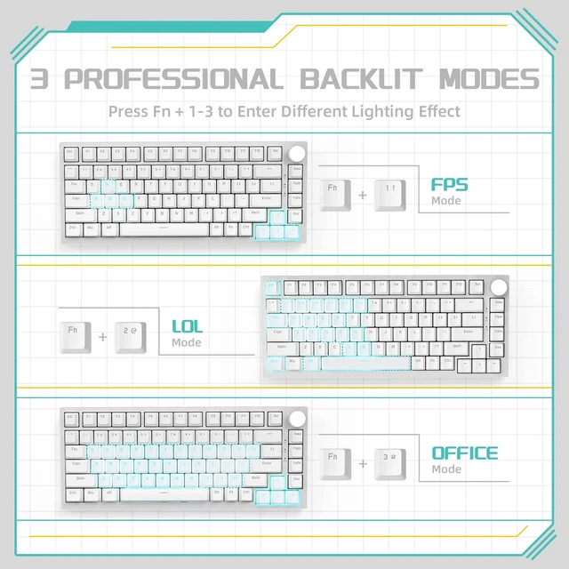 Alt view image 7 of 7 - AK820 Mechanical Gaming Keyboard 75% Wired TKL Hot Swappable-White | Media Knob, Type-C, 5-Layer Noise Absorbing Foam, Gasket Mount, Ice Blue Backlight, PBT Keycaps, NKRO, Blue Switches, Custom
