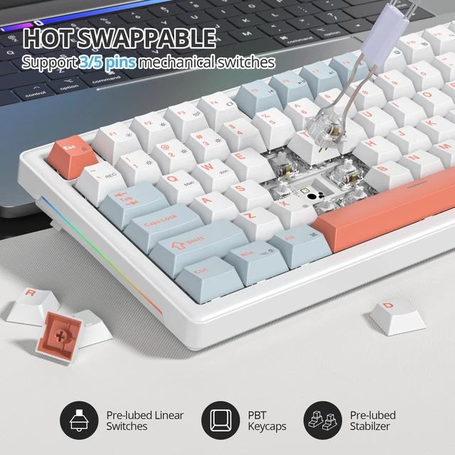 Alt view image 5 of 6 - 75% Mechanical Keyboard Gasket with Knob, Custom Wired Creamy Gaming Keyboard TKL 75 Percent Hot Swappable RGB Backlit, Pre-lubed Switch for Win/MAC PC LaptopSalmon/White