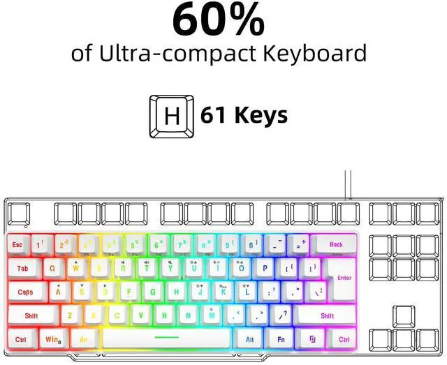 Alt view image 2 of 6 - 60% Wired Gaming Keyboard, 61 Keys RGB Backlit Wrist Rest Ultra-Compact Mini Waterproof Keyboard for PC Computer Gamer (White)