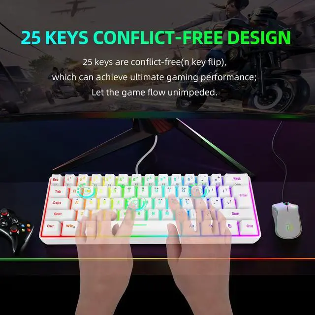 Alt view image 3 of 6 - 60% Wired Gaming Keyboard, 61 Keys RGB Backlit Wrist Rest Ultra-Compact Mini Waterproof Keyboard for PC Computer Gamer (White)