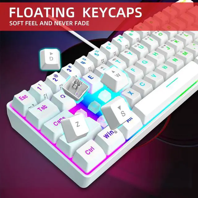 Alt view image 4 of 6 - 60% Wired Gaming Keyboard, 61 Keys RGB Backlit Wrist Rest Ultra-Compact Mini Waterproof Keyboard for PC Computer Gamer (White)