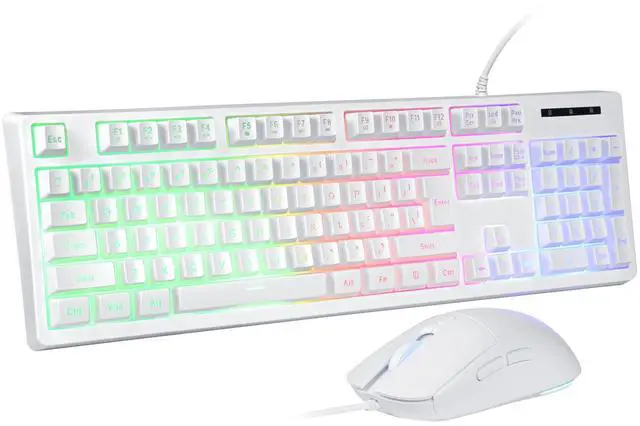 Main image of Wired Gaming Keyboard and Mouse Combo, Rainbow LED Backlit, 25 Keys Anti-ghosting Water Resistant Membrane Keyboard with 104 Keys, 1200-3600 DPI RGB Mouse for PC/Xbox/PS4 (White)
