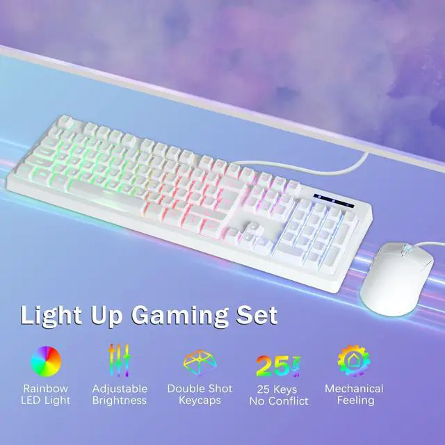 Alt view image 2 of 7 - Wired Gaming Keyboard and Mouse Combo, Rainbow LED Backlit, 25 Keys Anti-ghosting Water Resistant Membrane Keyboard with 104 Keys, 1200-3600 DPI RGB Mouse for PC/Xbox/PS4 (White)