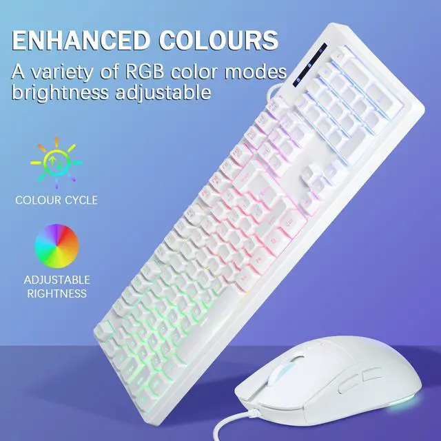Alt view image 5 of 7 - Wired Gaming Keyboard and Mouse Combo, Rainbow LED Backlit, 25 Keys Anti-ghosting Water Resistant Membrane Keyboard with 104 Keys, 1200-3600 DPI RGB Mouse for PC/Xbox/PS4 (White)