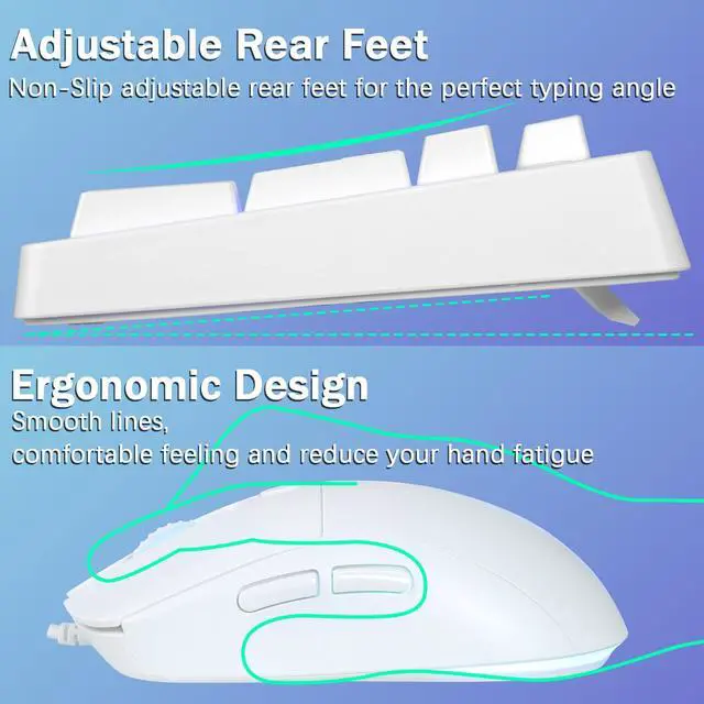 Alt view image 6 of 7 - Wired Gaming Keyboard and Mouse Combo, Rainbow LED Backlit, 25 Keys Anti-ghosting Water Resistant Membrane Keyboard with 104 Keys, 1200-3600 DPI RGB Mouse for PC/Xbox/PS4 (White)