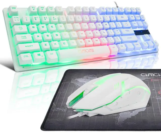 Main image of 87 Keys TKL Wired Gaming Keyboard, Rainbow Led Backlight, White Keyboard and Mouse 3200DPI Combo Compatible with PC Laptop Ps4 Ps5 Xbox Gamer
