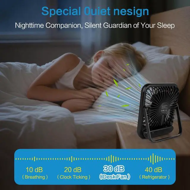 Alt view image 3 of 7 - 100-Speed Ultra-Quiet Desk Fan for Sleeping, 6.8" Rechargeable Portable Fan with LED Display, 180° Adjustable Head & Tripod Base - Battery/USB Powered Mini Fan for Office, Cruise, Travel (black)