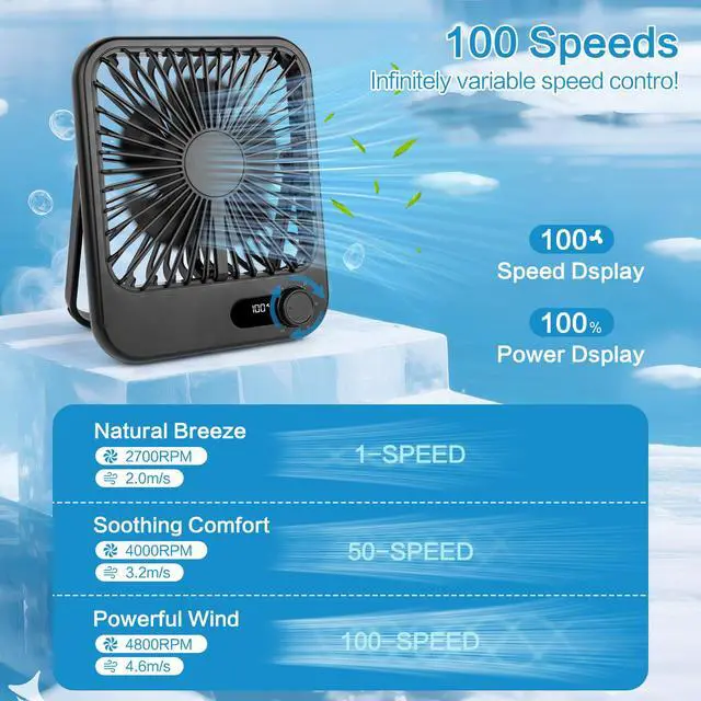 Alt view image 2 of 7 - 100-Speed Ultra-Quiet Desk Fan for Sleeping, 6.8" Rechargeable Portable Fan with LED Display, 180° Adjustable Head & Tripod Base - Battery/USB Powered Mini Fan for Office, Cruise, Travel (black)