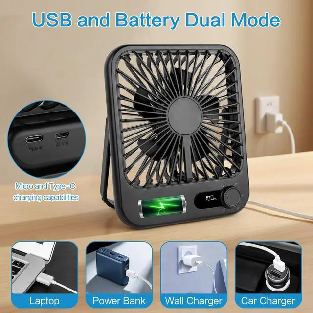 Alt view image 4 of 7 - 100-Speed Ultra-Quiet Desk Fan for Sleeping, 6.8" Rechargeable Portable Fan with LED Display, 180° Adjustable Head & Tripod Base - Battery/USB Powered Mini Fan for Office, Cruise, Travel (black)