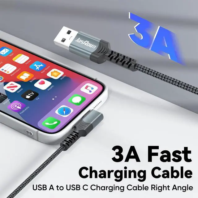 Alt view image 3 of 7 - USB to USB C Cable 10ft Right Angle, 3A Fast Charging 90 Degree Long USB-A to Type C 2.0 480Mbps Data Transfer Cord Braided for iPhone 17/16/15, Galaxy Andriod Phone, Switch, Steam Deck, Tablet