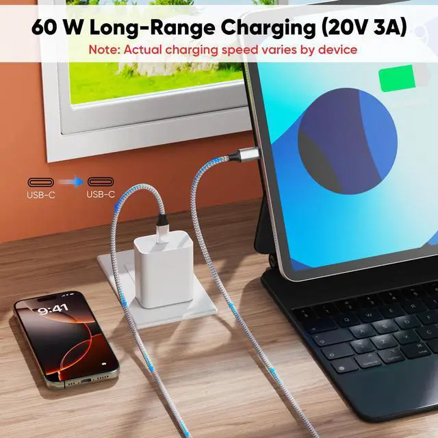 Alt view image 3 of 7 - 15 Ft USB C Cable Fast Charging 60W, 480Mbps Data Transfer Type C Extra Long USBC to USB-C Cord Male to Male for Security Camera, Dash Cam, iPhone 17/16/15, Android Phone, iPad, Tablet