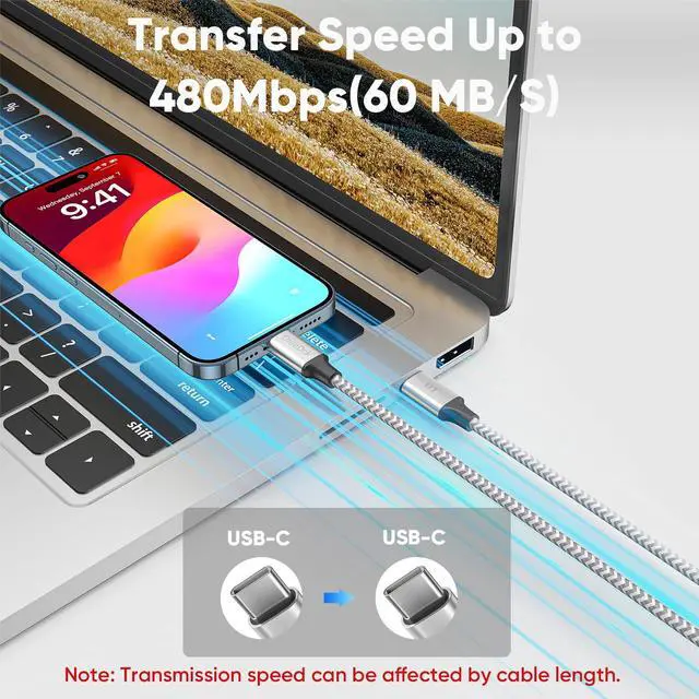 Alt view image 5 of 7 - 15 Ft USB C Cable Fast Charging 60W, 480Mbps Data Transfer Type C Extra Long USBC to USB-C Cord Male to Male for Security Camera, Dash Cam, iPhone 17/16/15, Android Phone, iPad, Tablet
