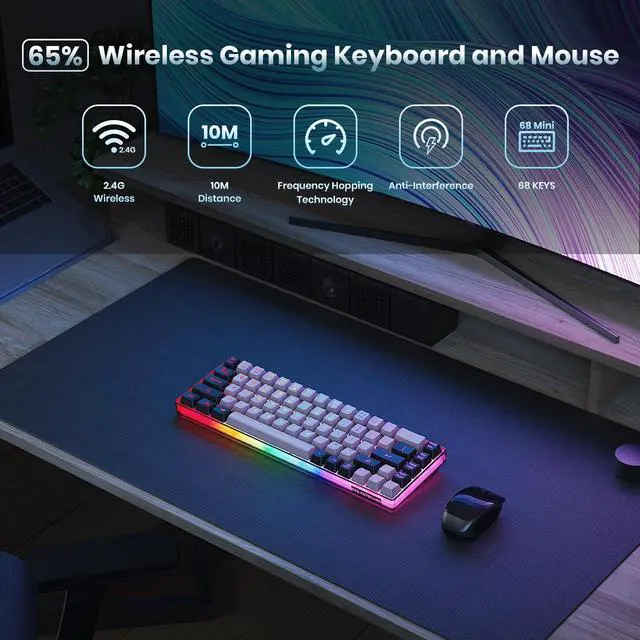 Alt view image 2 of 6 - 65% Wireless Gaming Keyboard, LED Backlit Gaming Keyboard, 68 Keys Ultra-Compact Anti-ghosting No-Conflict Wireless Keyboard for PC Laptop Windows Gamer(Pink-Black)