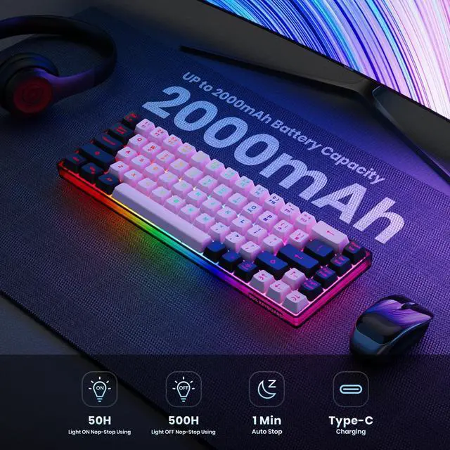 Alt view image 3 of 6 - 65% Wireless Gaming Keyboard, LED Backlit Gaming Keyboard, 68 Keys Ultra-Compact Anti-ghosting No-Conflict Wireless Keyboard for PC Laptop Windows Gamer(Pink-Black)