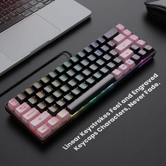 Alt view image 2 of 7 - 65% Gaming Keyboard, LED Backlit, Ultra-Compact Anti-Ghosting No-Conflict 68 Keys Membrane Gaming Wired Keyboard for PC Laptop Windows Gamer(Black-Pink)