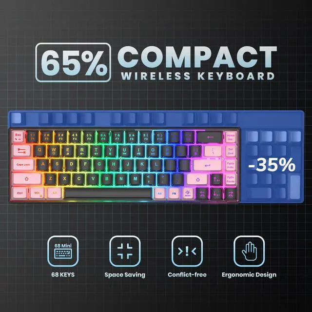 Alt view image 4 of 7 - 65% Gaming Keyboard, LED Backlit, Ultra-Compact Anti-Ghosting No-Conflict 68 Keys Membrane Gaming Wired Keyboard for PC Laptop Windows Gamer(Black-Pink)