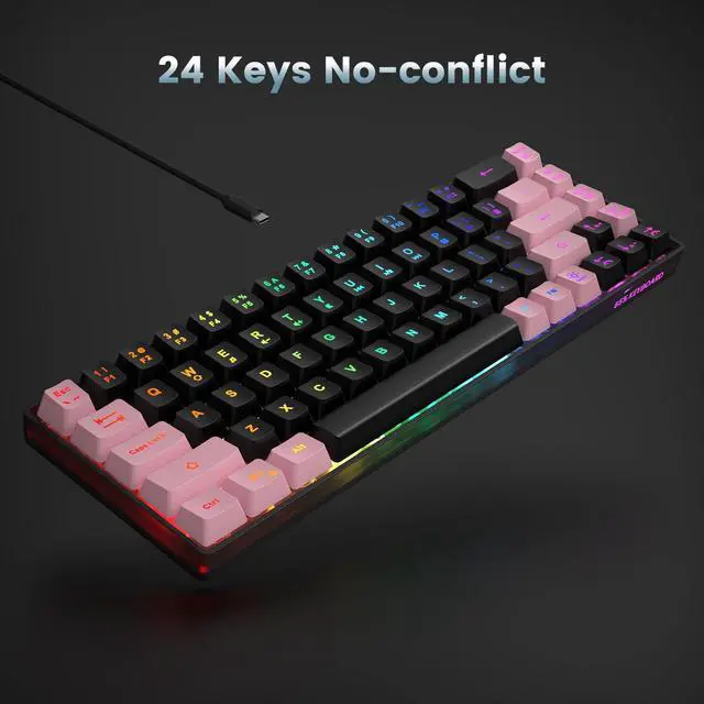 Alt view image 5 of 7 - 65% Gaming Keyboard, LED Backlit, Ultra-Compact Anti-Ghosting No-Conflict 68 Keys Membrane Gaming Wired Keyboard for PC Laptop Windows Gamer(Black-Pink)