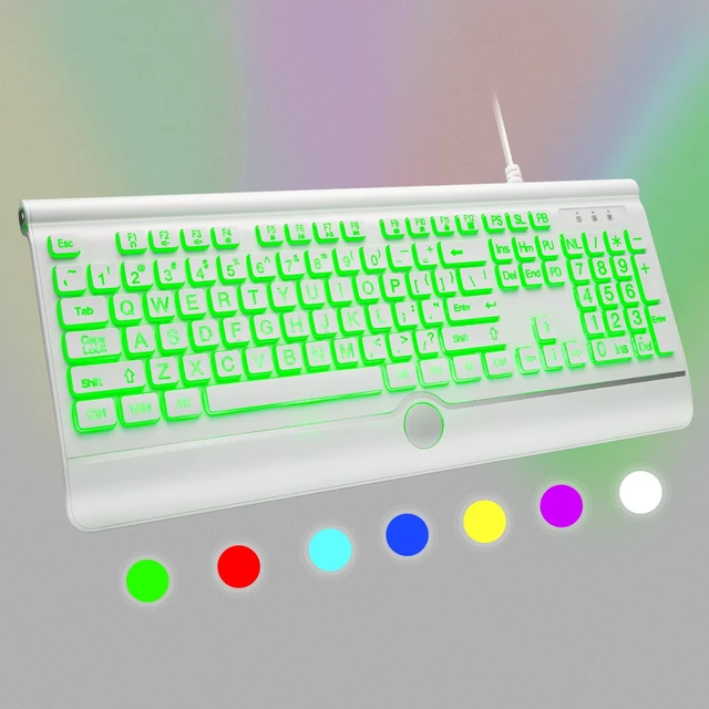 Alt view image 7 of 7 - USB Wired Keyboard with Large Print Backlit Keys | 7 Color LED Backlight, Ergonomic Wrist Rest, Spill-Resistant Design, Full-Size Computer Keyboard with Number Pad