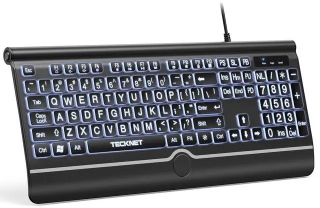 Main image of Large Print Backlit Keyboard, Wired USB-A Computer Keyboard with Wrist Rest, 7-Color Backlit, Oversized Letter Keys Easy to See, Plug-and-Play, Silent, LED Compatible for Windows White