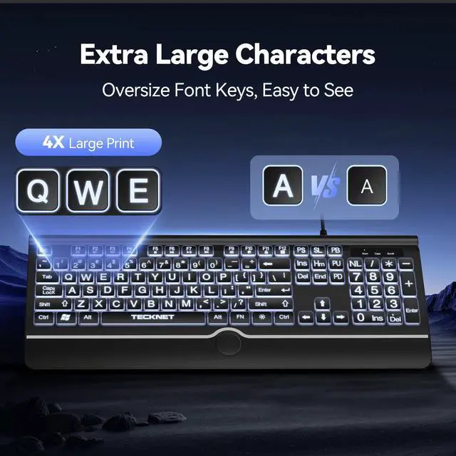 Alt view image 2 of 6 - Large Print Backlit Keyboard, Wired USB-A Computer Keyboard with Wrist Rest, 7-Color Backlit, Oversized Letter Keys Easy to See, Plug-and-Play, Silent, LED Compatible for Windows White
