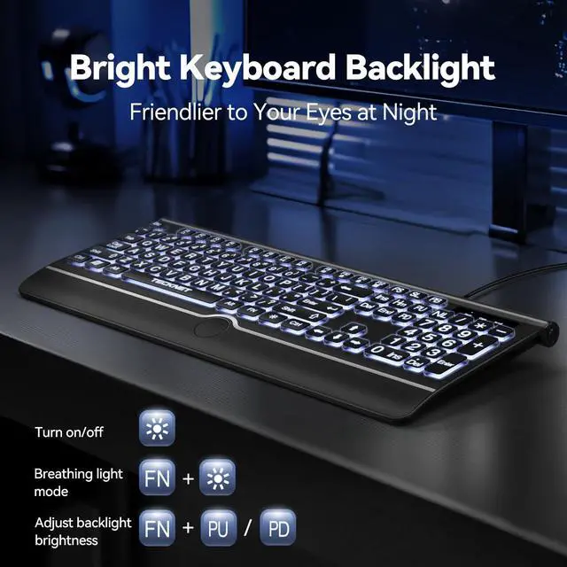 Alt view image 3 of 6 - Large Print Backlit Keyboard, Wired USB-A Computer Keyboard with Wrist Rest, 7-Color Backlit, Oversized Letter Keys Easy to See, Plug-and-Play, Silent, LED Compatible for Windows White