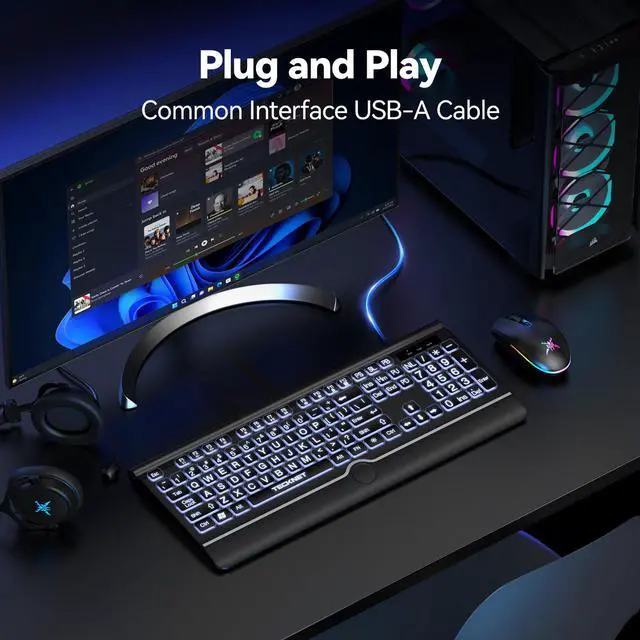 Alt view image 5 of 6 - Large Print Backlit Keyboard, Wired USB-A Computer Keyboard with Wrist Rest, 7-Color Backlit, Oversized Letter Keys Easy to See, Plug-and-Play, Silent, LED Compatible for Windows White