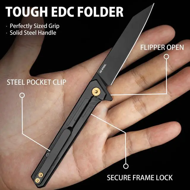 Alt view image 4 of 7 - Slim EDC Pocket Knife, 2.98'' D2 Steel Reverse Tanto Folding Knife, Compact Work Knife, Pocket Knife For Men with Clip, Frame Lock, Gift For Men Women