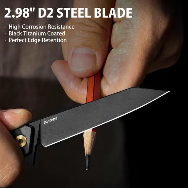 Alt view image 2 of 7 - Slim EDC Pocket Knife, 2.98'' D2 Steel Reverse Tanto Folding Knife, Compact Work Knife, Pocket Knife For Men with Clip, Frame Lock, Gift For Men Women