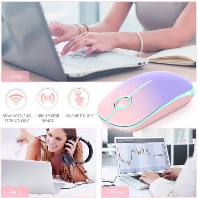 Alt view image 6 of 6 - Wireless Mouse, 2.4G Slim Portable Computer Mice with Nano Receiver Quiet Silent Optical Laptop Mouse for Notebook, PC, Laptop, Computer-Pink to Purple