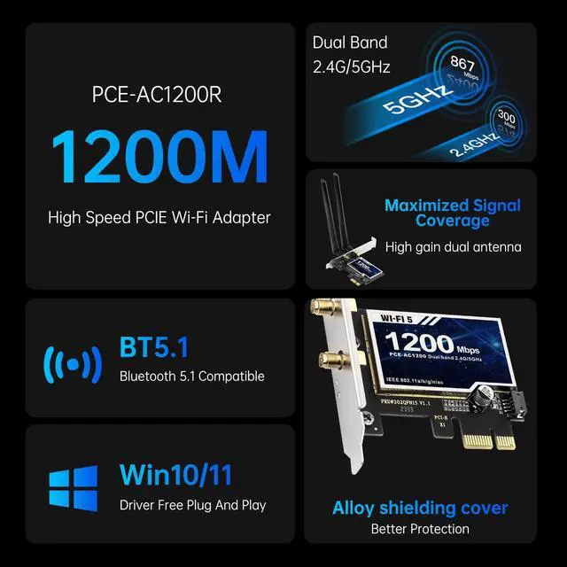 Alt view image 3 of 7 - AC1200 PCIe WiFi Card for Desktop PC, Dual Band Wireless Adapter with Bluetooth 5.1, 867Mbps 5GHz and 300Mbps 2.4GHz, 2 High Gain Antennas, Low Profile, Supports Windows 7/10/11