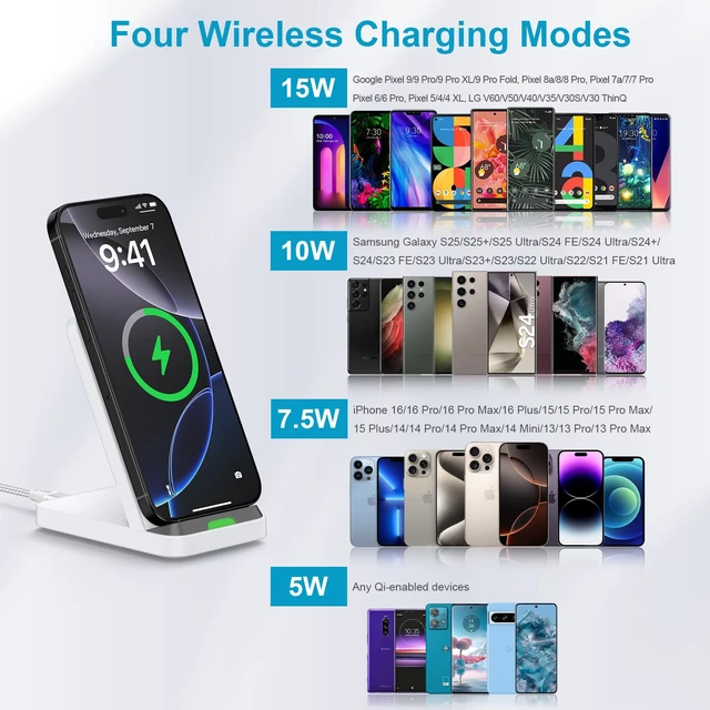 Alt view image 3 of 7 - Fast Wireless Charging Station Android Phone Wireless Charger Stand Desk | For Google Pixel 11/10a/10/9a/9/9 Pro/9 Pro XL/Fold/8a/8 Pro Samsung Galaxy S26/S25 Ultra iPhone 17e 16e with QC3.0 Adapter
