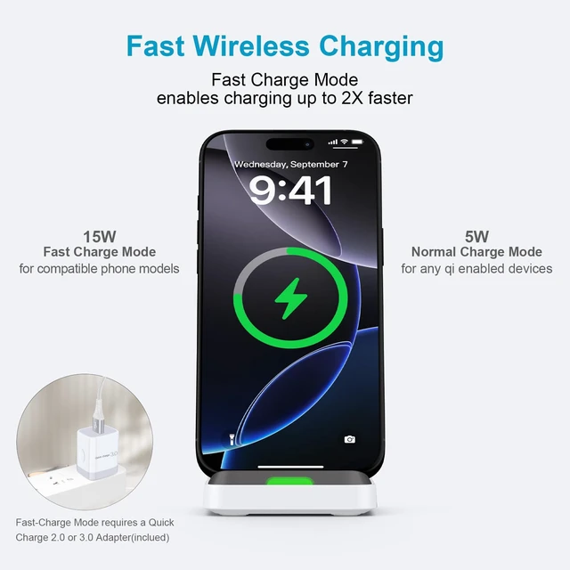 Alt view image 4 of 7 - Fast Wireless Charging Station Android Phone Wireless Charger Stand Desk | For Google Pixel 11/10a/10/9a/9/9 Pro/9 Pro XL/Fold/8a/8 Pro Samsung Galaxy S26/S25 Ultra iPhone 17e 16e with QC3.0 Adapter