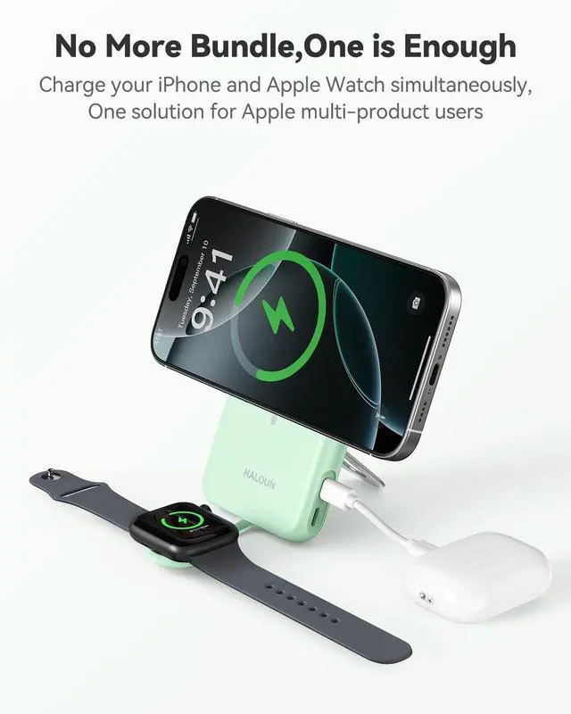 Alt view image 2 of 7 - Magnetic Portable Charger for iPhone and Apple Watch, 10000mAh Wireless Power Bank PD 20W USB-C Fast Charging Battery Pack with Stand for iPhone 17/16/15/14/13/12 Pro MaxAiriWatch 11-1/SE/Ultra 3-1