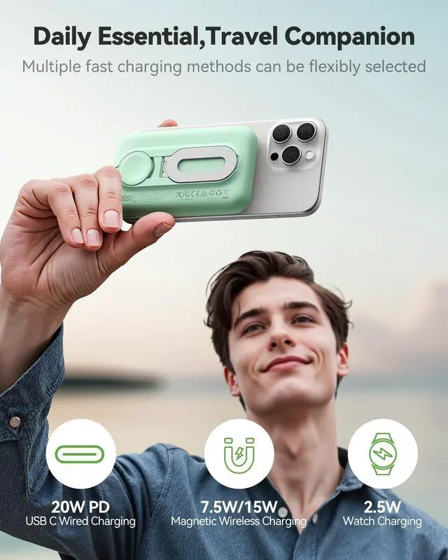 Alt view image 3 of 7 - Magnetic Portable Charger for iPhone and Apple Watch, 10000mAh Wireless Power Bank PD 20W USB-C Fast Charging Battery Pack with Stand for iPhone 17/16/15/14/13/12 Pro MaxAiriWatch 11-1/SE/Ultra 3-1