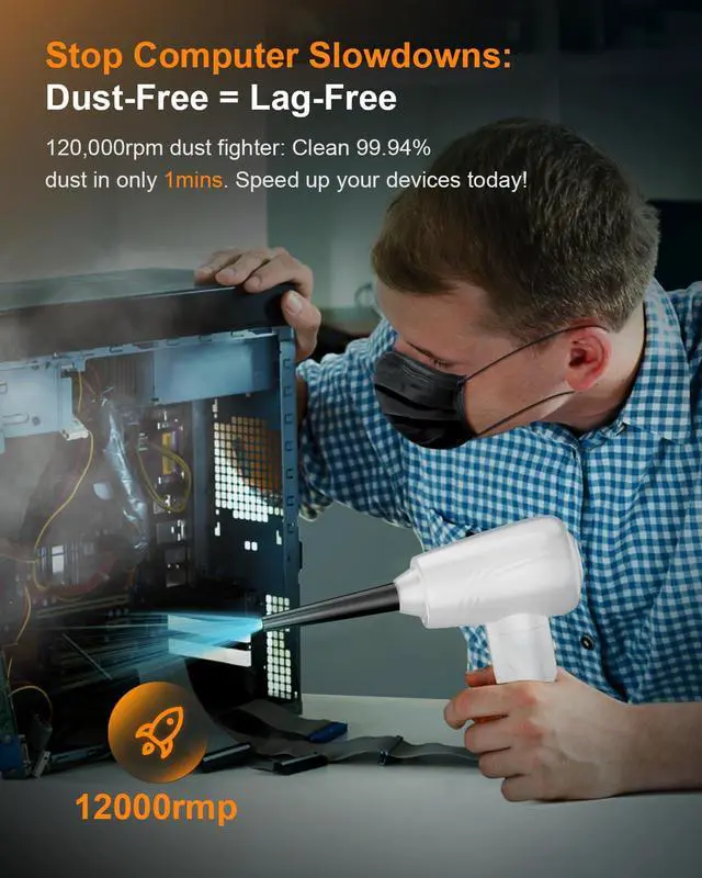 Alt view image 2 of 7 - 11-in-1 Compressed Air Duster, 3-Gear Adjustable 120000 RPM Electric Air Duster with LED Light, 9000mAh Reusable no Canned Keyboard Cleaner for Office