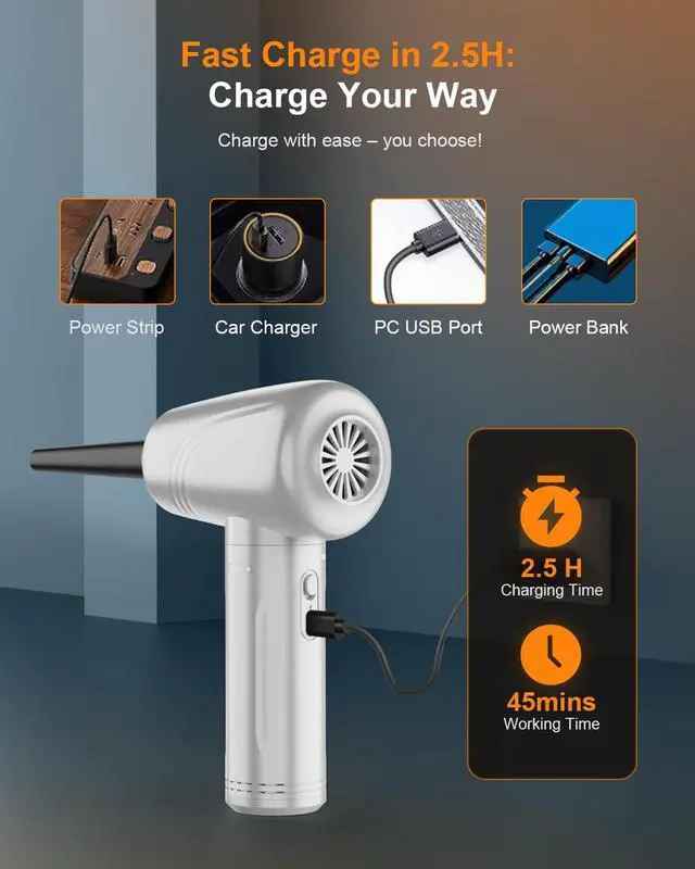 Alt view image 7 of 7 - 11-in-1 Compressed Air Duster, 3-Gear Adjustable 120000 RPM Electric Air Duster with LED Light, 9000mAh Reusable no Canned Keyboard Cleaner for Office