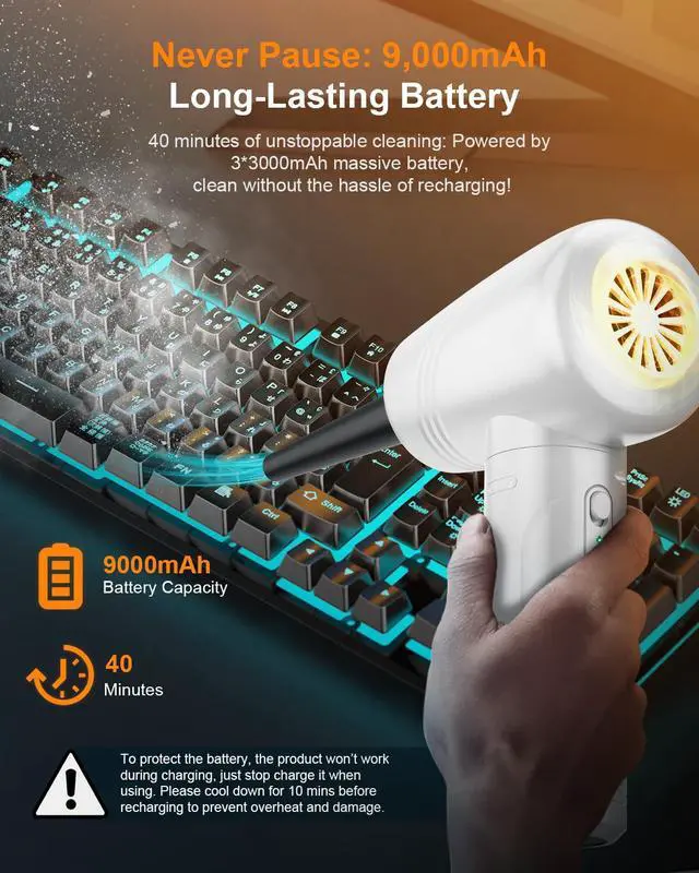 Alt view image 3 of 7 - 11-in-1 Compressed Air Duster, 3-Gear Adjustable 120000 RPM Electric Air Duster with LED Light, 9000mAh Reusable no Canned Keyboard Cleaner for Office