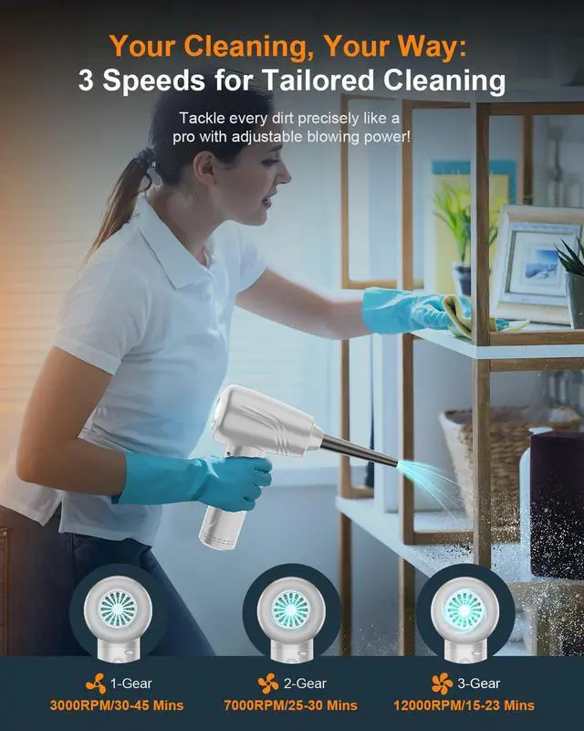 Alt view image 4 of 7 - 11-in-1 Compressed Air Duster, 3-Gear Adjustable 120000 RPM Electric Air Duster with LED Light, 9000mAh Reusable no Canned Keyboard Cleaner for Office