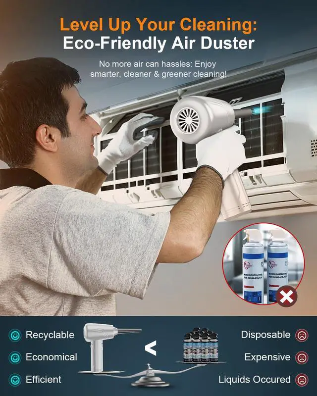 Alt view image 5 of 7 - 11-in-1 Compressed Air Duster, 3-Gear Adjustable 120000 RPM Electric Air Duster with LED Light, 9000mAh Reusable no Canned Keyboard Cleaner for Office