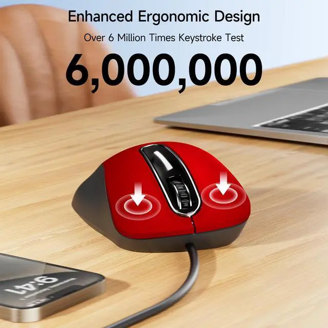 Alt view image 4 of 7 - Wired Mouse, USB Computer Mouse 1400 DPI Mobile Optical Mouse Ergonomic Design Computer Mice with 5FT Cord for Laptop, PC, Desktop, MacBook, 5 Buttons (Pomegranate Red)