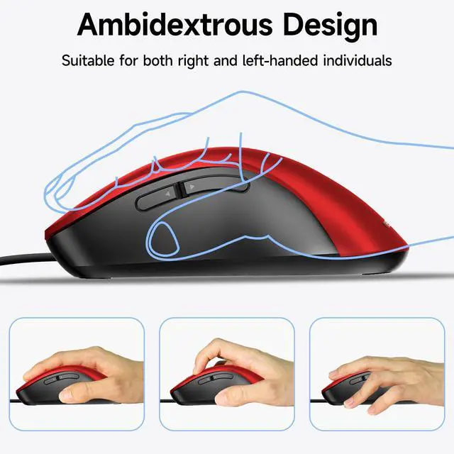 Alt view image 5 of 7 - Wired Mouse, USB Computer Mouse 1400 DPI Mobile Optical Mouse Ergonomic Design Computer Mice with 5FT Cord for Laptop, PC, Desktop, MacBook, 5 Buttons (Pomegranate Red)