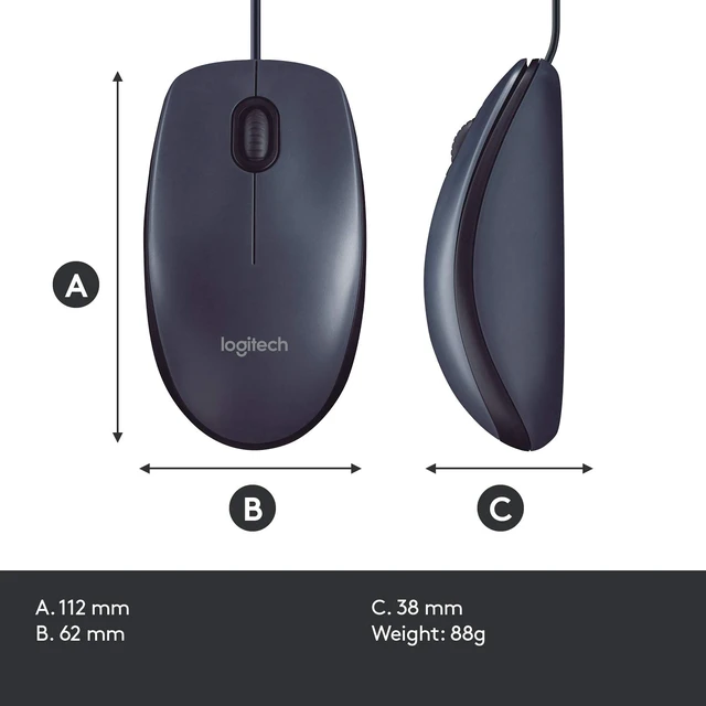Alt view image 7 of 7 - B100 Ambidextrous Wired Mouse - Black | USB corded, right or left hand use, for computer and laptop