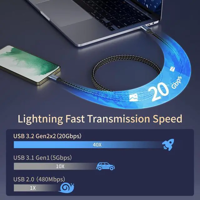 Alt view image 3 of 7 - USB C Cable 3.3FT, USB C 3.2 Gen 2X2 Cable, 4K Monitor Video Output, 20Gbps High Speed Data Transfer, 100W Fast Charging, for iPhone 17, MacBook, Dell, LG, ARZOPA, KYY, for Portable Monitor